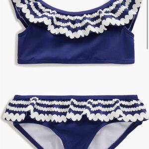 Mini Boden Navy and White Ruffle Girls Bikini 7-8 GUC